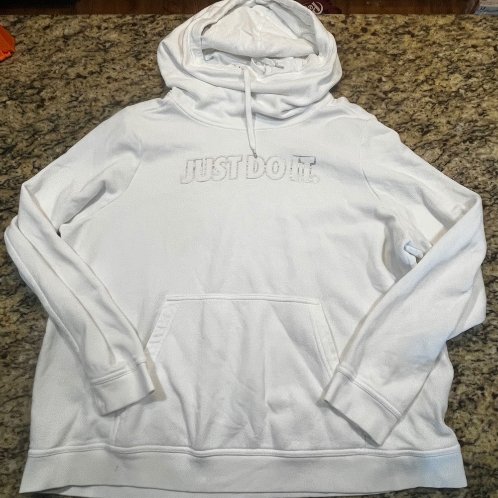 Nike Womens Just Do It Hoodie White Funnel Neck Sweatshirt 1X Plus Size‎